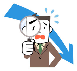 虫眼鏡をのぞきこむビジネスマンと矢印