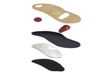 Isolated orthopedic insole on a white background. Treatment and prevention of flat feet and foot diseases. Foot care, comfort for the feet. Wear comfortable shoes. Medical insoles.