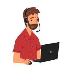 Bearded Male Call Center Operator, Online Customer Support Service Assistant with Headset, Help Desk, Technical Support Vector Illustration