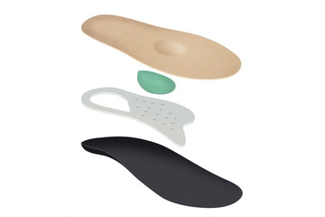 Isolated orthopedic insole on a white background. Treatment and prevention of flat feet and foot diseases. Foot care, comfort for the feet. Wear comfortable shoes. Medical insoles.