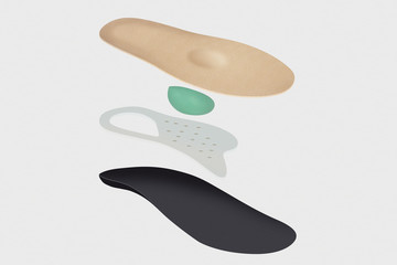Isolated orthopedic insole on a white background. Treatment and prevention of flat feet and foot diseases. Foot care, comfort for the feet. Wear comfortable shoes. Medical insoles.