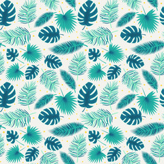 Fototapeta premium Seamless pattern with tropical leaves, palm trees and monstera. flat style. Botanical pattern with turquoise leaves on a light background. Color vector illustration. for textiles, wrapping paper.