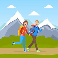 Family Couple Hiking on Nature, Cheerful Tourists in Outdoor Mountain Landscape, Summer Holidays Adventure Vector illustration