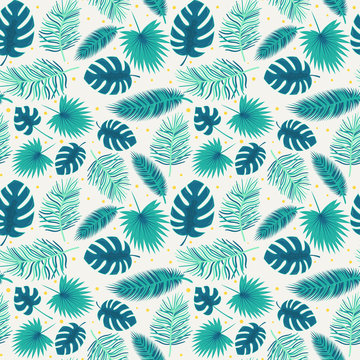Seamless pattern with tropical leaves, palm trees and monstera. flat style. Botanical pattern with turquoise leaves on a light background. Color vector illustration. for textiles, wrapping paper. © Валерия Соловьева
