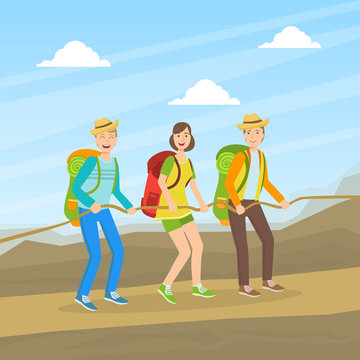 Cheerful Tourists Climbing on Nature, People in Outdoor Mountain Landscape, Summer Holidays Adventure Vector illustration