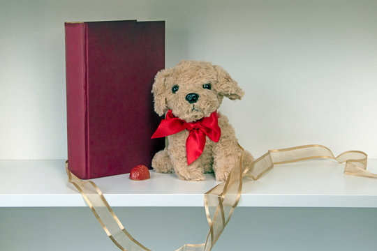 White shelf with fluffy toy dog and red book