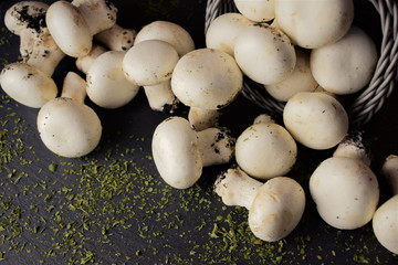 Group of mushrooms on slate and small basket