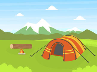 Tourist Tent on Natural Mountain Landscape, Summer Outdoor Activities Vector Illustration