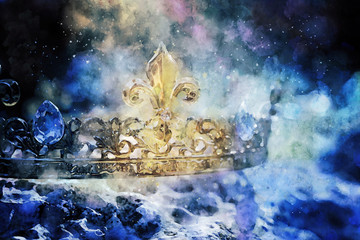 watercolor style and abstract image of beautiful queen/king crown. fantasy medieval period