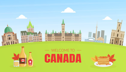 Canada Banner Template with Canadian National Cultural Symbols and Landmarks Vector Illustration