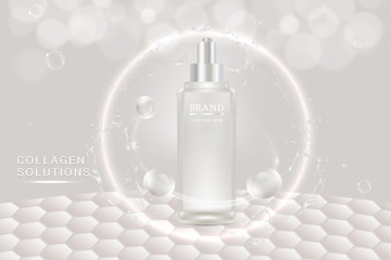 Beauty product ad design, white cosmetic container with collagen solution advertising background ready to use, luxury skin care banner, illustration vector.	