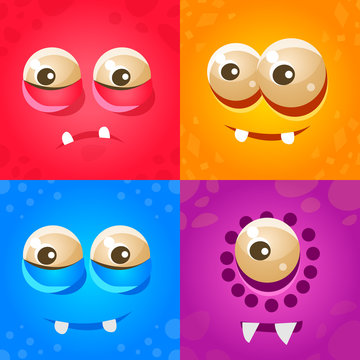 Funny Faces of Cute Monsters Collection, Cute Aliens Various Emotions Vector Illustration