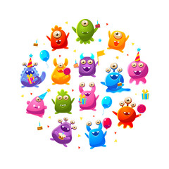 Cute Funny Monsters Characters of Round Shape, Monster Party Poster, Flyer, Invitation Card Design Element Vector Illustration