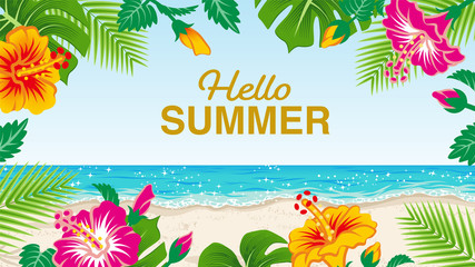 Tropical plants frame and beach landscape - included words "Hello Summer" © sayuri_k