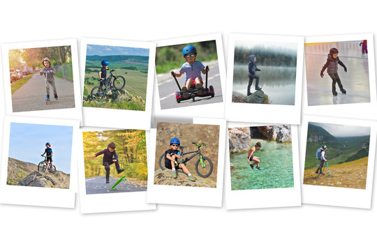 Child having fun in park with a bicycle, skateboard, hoverboard or hiking. Active child photo collage