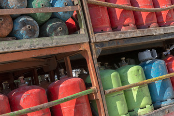 Old rusty gas bottles on a truck in rural Morocco.