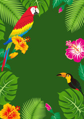 Fototapeta na wymiar Parrot and toucan in the tropical plants frame