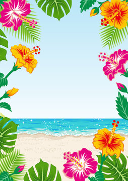 Tropical plants frame and beach landscape, vertical layout