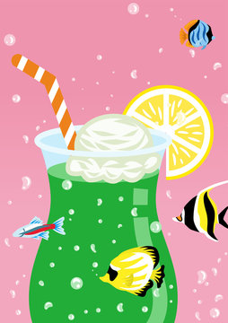 Summer image concept art,  soda drink with swimming tropical fishes