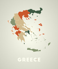 Greece poster in retro style. Map of the country with regions in autumn color palette. Shape of Greece with country name. Astonishing vector illustration.