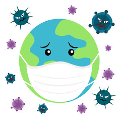 The sick world wearing medical mask with virus around. Covid-19 Coronavirus epidemic concept vector illustration on white background. Protection the world from covid-19 pandemic.
