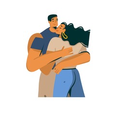 Hand drawn vector stock abstract graphic Love illustration with young romantic kissing walking couple together isolated on white background