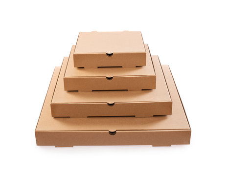 Pizza box for takeaway. Cardboard pizza empty boxes arranged in pyramid. Clipping path included. Stack.
