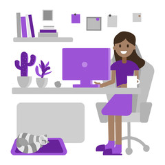 Home office during coronavirus outbreak concept. Happy afro american girl working at home at the computer, business lady, freelancer. Female employee works from home.Vector illustration in flat style