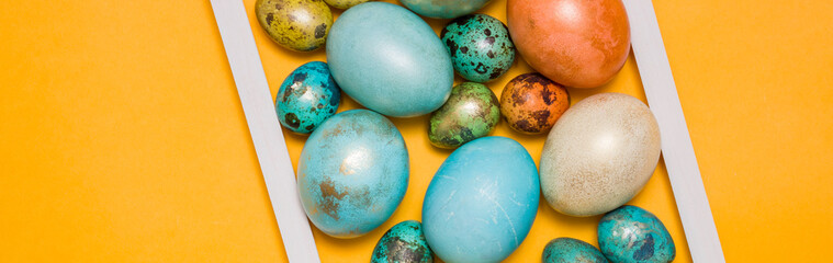 Colored Easter eggs in a wooden white frame on a colored background. Free space for text. Happy Easter!