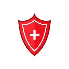 Immune system vector icon. Red shield with a white cross on a white background. Vector illustration.