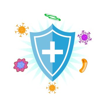 Immune System Vector Icon Logo. Virus Protection. A Blue Shield With A White Cross And A Virus Around It, Followed By Blue Rays Of Light On A White Background. Vector Illustration