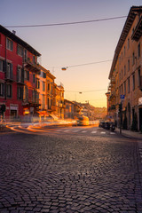 Fototapeta na wymiar Street, Porta Palio, Verona; Italy, sunrise, long exposure