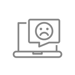 Laptop with sad face in speech bubble line icon. Dislike, upset customer, negative feedback, online message symbol