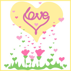 word Love, Hearts flying and cute Flowers