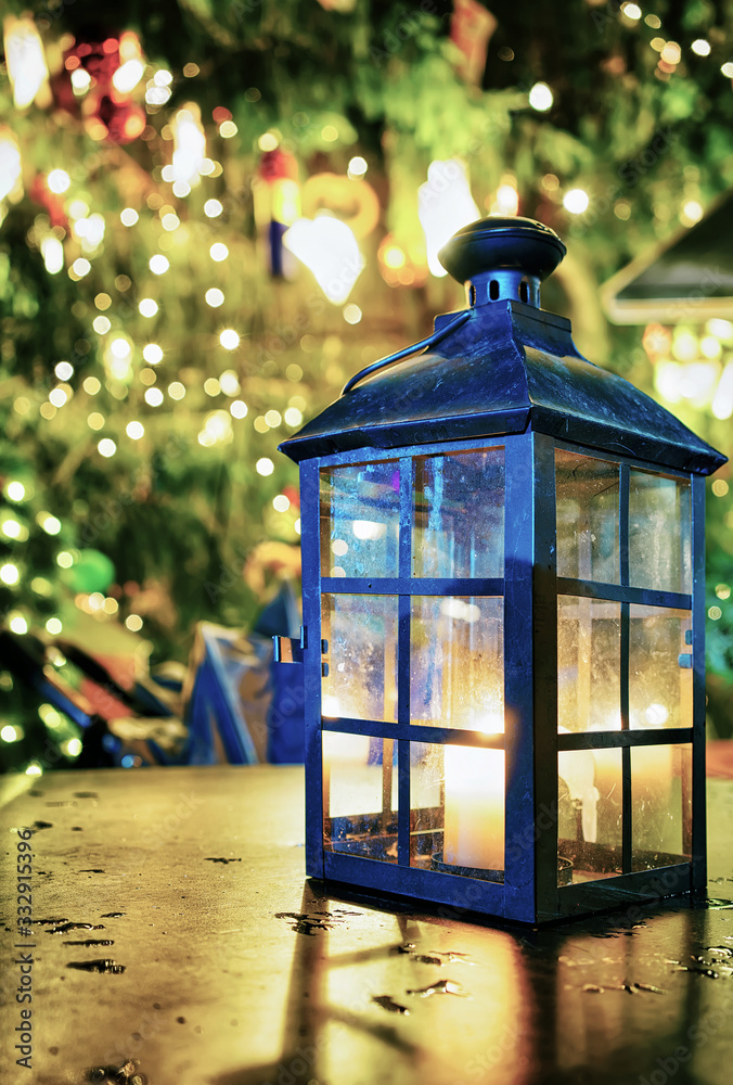 Sticker Christmas lantern in the middle of the market in Riga