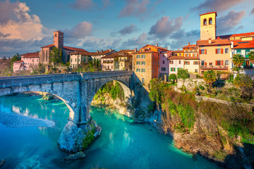 Devil's bridge in Cividale del Friuli, Italy, Europe, sunset