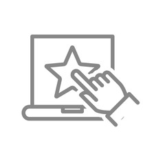 Laptop with star and hand cursor line icon. Customer satisfaction, add to favorites, positive feedback symbol