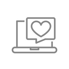 Laptop with heart in speech bubble line icon. Customer satisfaction, social network activity, positive feedback symbol