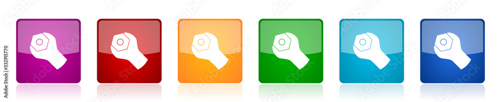 Poster tools icon set, colorful square glossy vector illustrations in 6 options for web design and mobile a