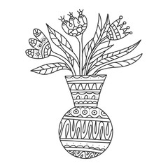 Vector dodle floral illustrated in black and white. Bouquet of flowers in a vase. Coloring book flowers in a vase for adults and children. Three abstract flowers with leaves in a vase with patterns