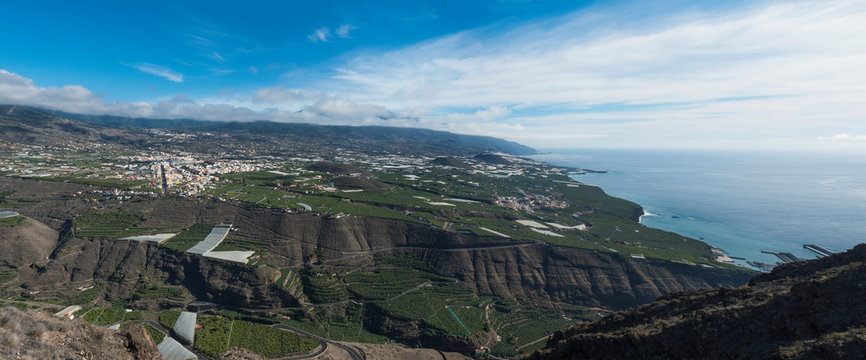 Wide panoramic view from Mirador el Time viewpoint on Los Llanos de Aridane and Aridane valley, La Palma, Canary Islands, Spain
