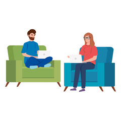 Obraz premium couple working in telecommuting with laptop vector illustration design