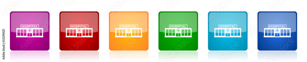 Poster hospital building icon set, colorful square glossy vector illustrations in 6 options for web design 