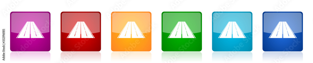 Poster Road icon set, colorful square glossy vector illustrations in 6 options for web design and mobile applications