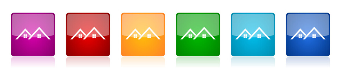 Home, house icon set, colorful square glossy vector illustrations in 6 options for web design and mobile applications