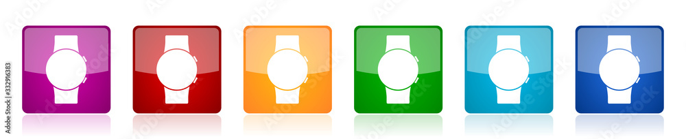 Aufkleber Smartwatch icon set, smart watch colorful square glossy vector illustrations in 6 options for web design and mobile applications