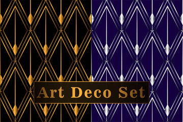 Art Deco silver and gold seamless pattern. Art deco rhombuses pattern on a black background. Vector seamless pattern. Art Deco for textile, packaging, background, cover, etc. Eps 10