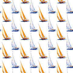 Watercolor hand drawn seamless pattern sailboat. Yellow and blue vessel isolated on white background.