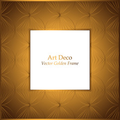 Elegant Art Deco golden pattern frame. Geometric pattern gold background. Vector frame for invitations, greeting covers, wedding invitations. Square frame with white place for your text.