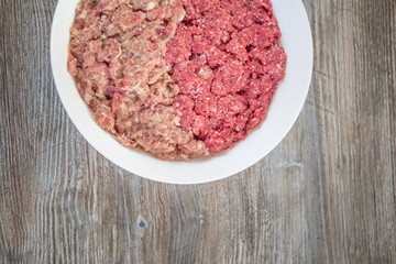 Minced meat from pork and beef in white bowl